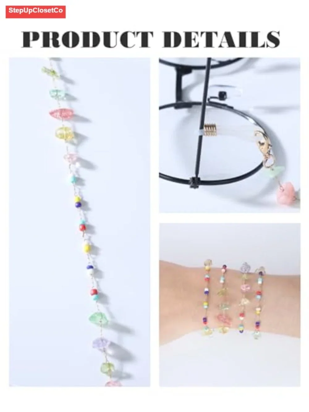 Natural Stone Beaded Eyeglass Chain Sunglasses Holder with Metal Clips